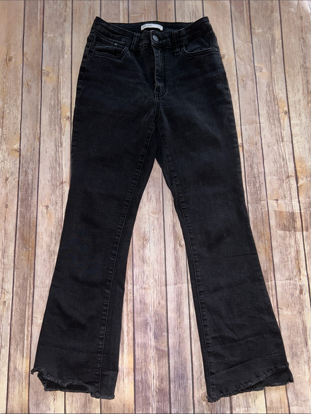Nine West Black High-Rise Flare Jeans with Frayed Hem